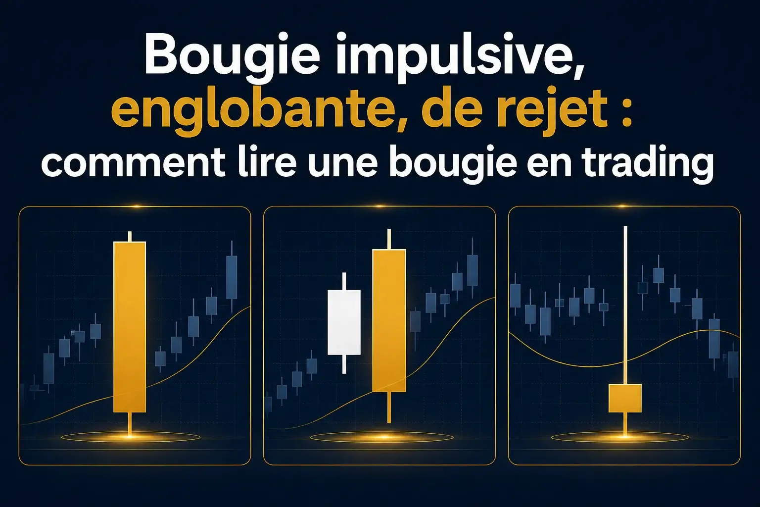Bougie impulsive, englobante et bougie de rejet illustrées en chandeliers japonais sur fond bleu marine et doré