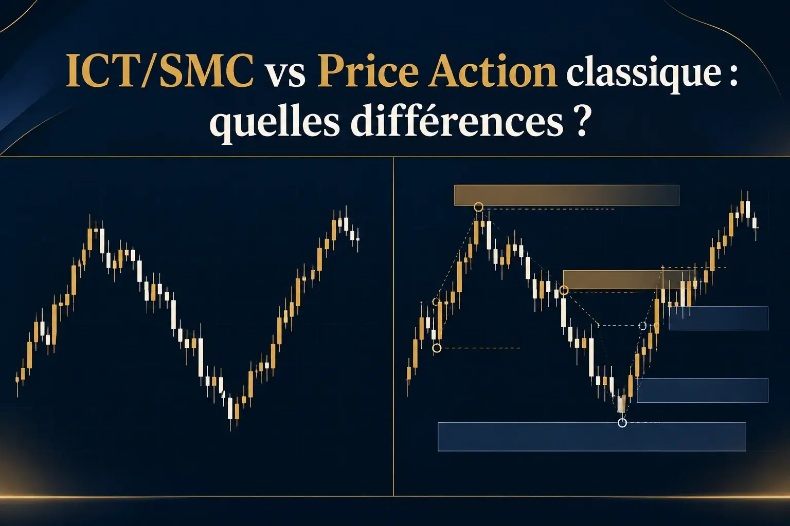 Illustration abstraite en chandeliers japonais comparant l'ICT/SMC et le Price Action classique