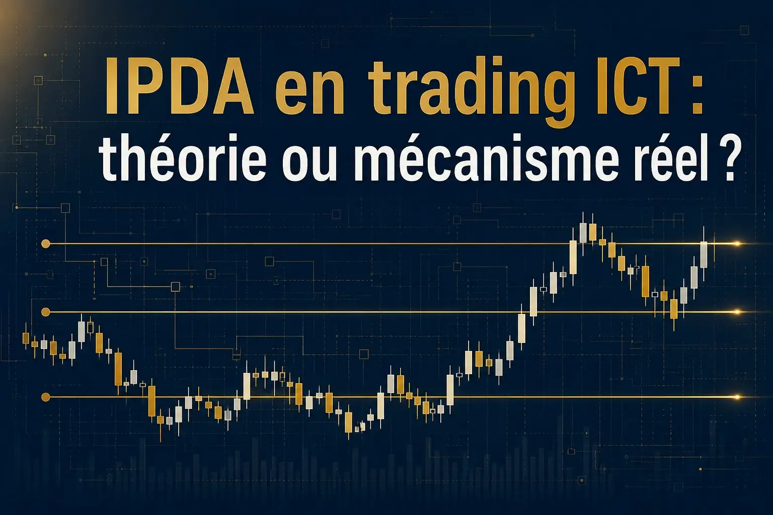IPDA en trading ICT illustré par un graphique en chandeliers japonais avec trois niveaux horizontaux dorés superposés évoquant les cycles de 20, 40 et 60 jours, sur fond bleu marine avec une trame algorithmique discrète