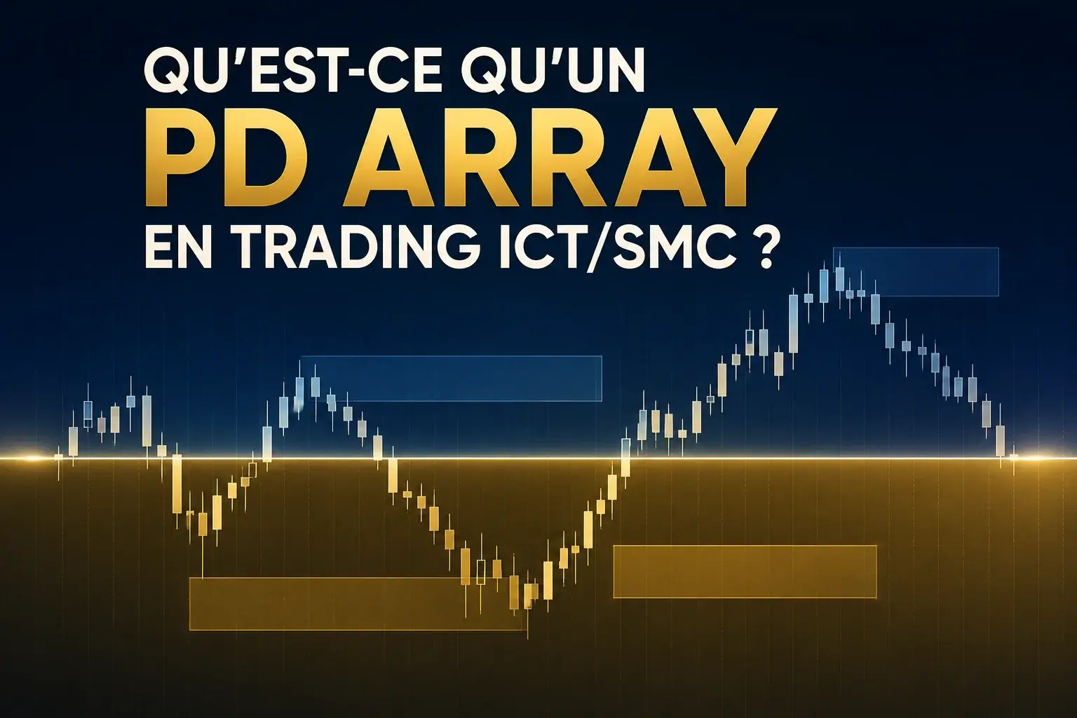 PD Array en trading ICT/SMC illustré par un graphique en chandeliers divisé en zone Premium et zone Discount autour d'une ligne d'équilibre