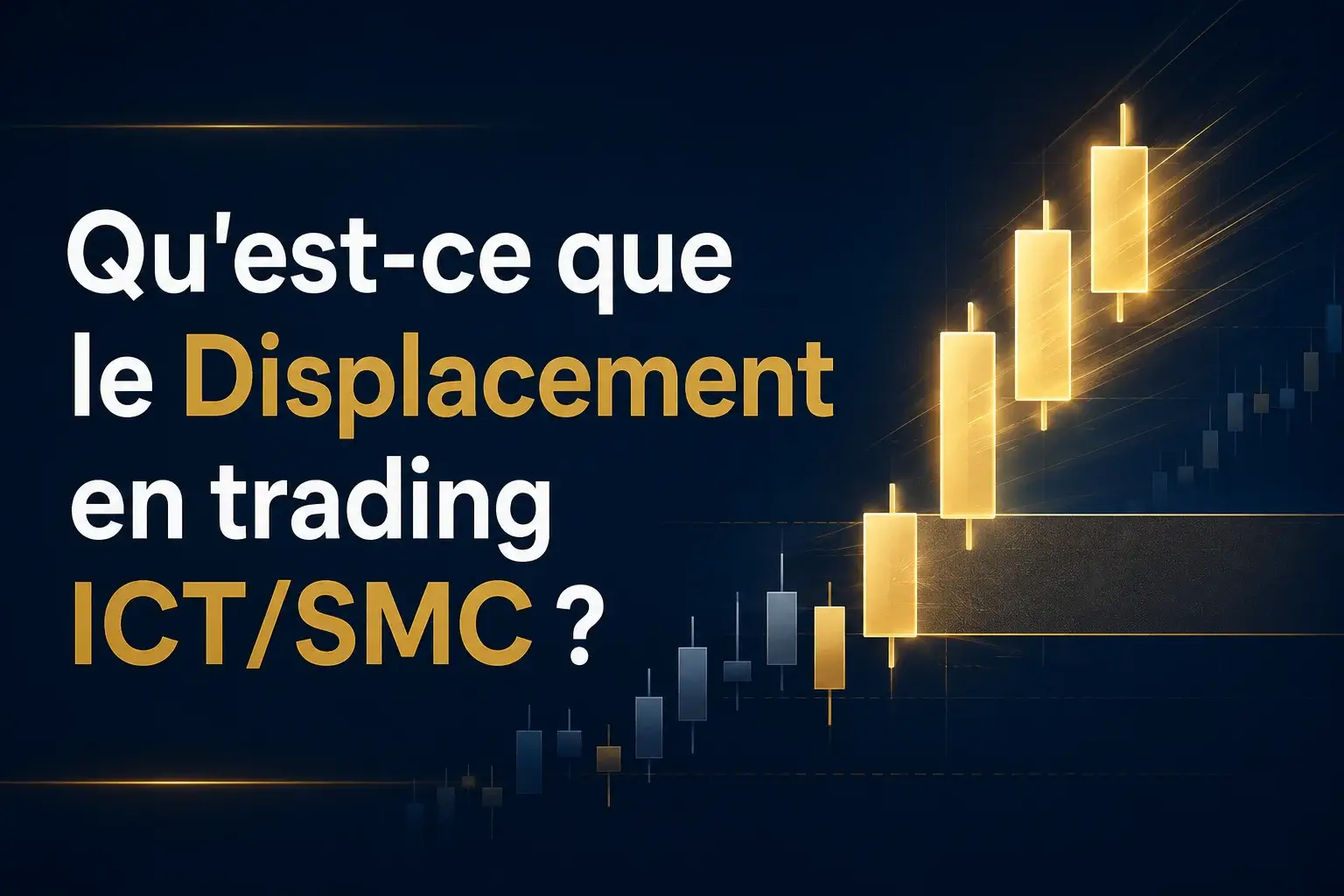 Qu'est-ce que le Displacement en trading ICT/SMC illustré par un graphique en chandeliers passant de bougies discrètes à une séquence de bougies dorées lumineuses en accélération haussière