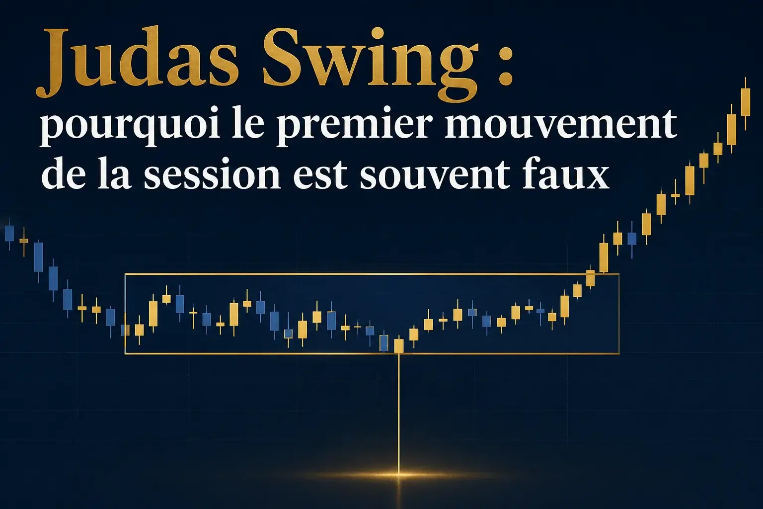 Graphique en chandeliers illustrant un Judas Swing : longue mèche sous une zone de consolidation, suivie d'un retournement haussier